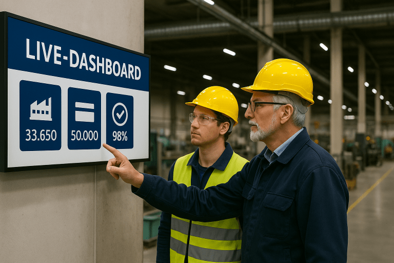 Management Digitales KPI-Display zur Visualisierung von Kennzahlen, Qualitätsprozessen und Verbesserungsmaßnahmen