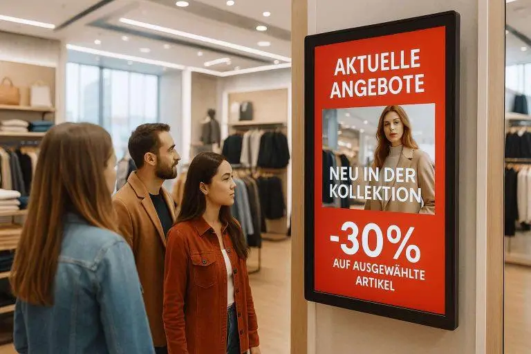 Digitales Werbedisplay im Einzelhandel zur Anzeige von Angeboten und Produktinformationen