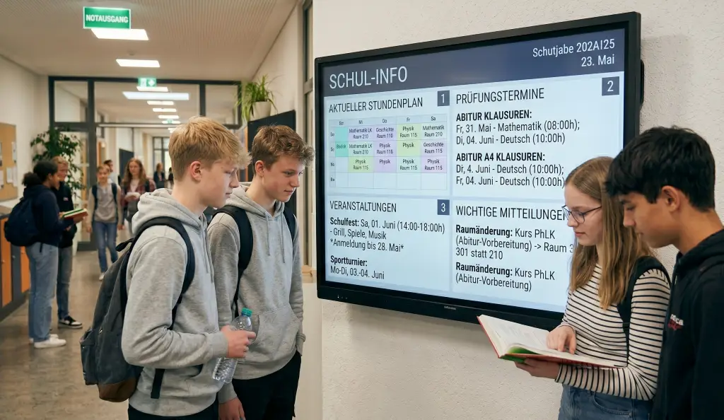 Digitales Schwarzes Brett mit Stundenplänen, Raumänderungen, Prüfungsterminen und Veranstaltungsinformationen