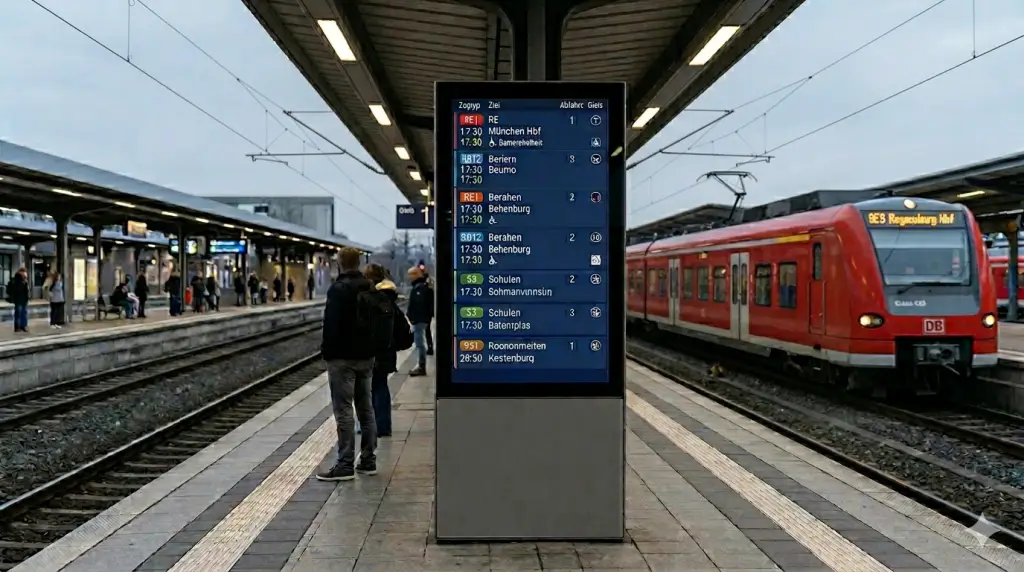 Digitales Anzeigedisplay mit aktuellen Abfahrtszeiten, Fahrplänen und Verkehrsinformationen für Reisende